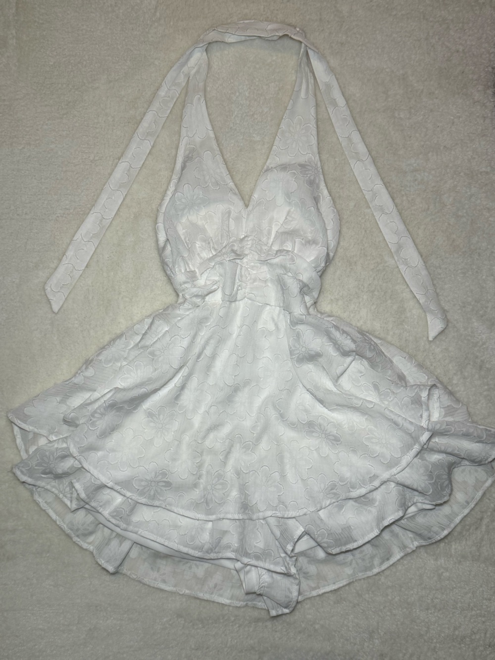 White Floral Jacquard Halter Romper | Size S | Feminine Summer Playsuit